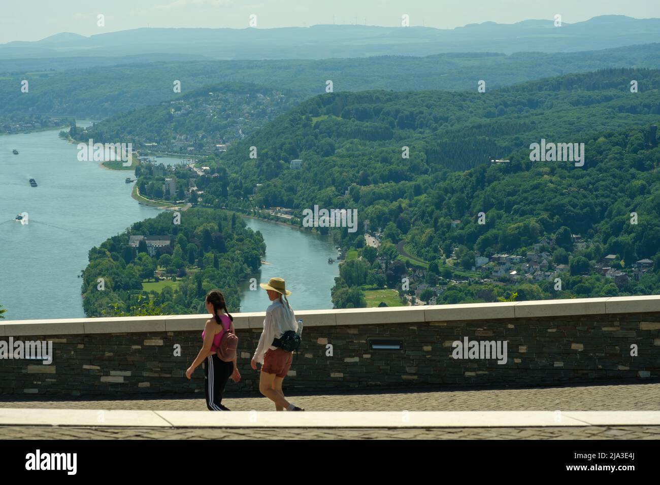 Königswinter, Germany- May 18, 2022 : Tourists enjoying the panoramic view of the river Rhine from the famous Drachenfels in Königswinter Germany Stock Photo