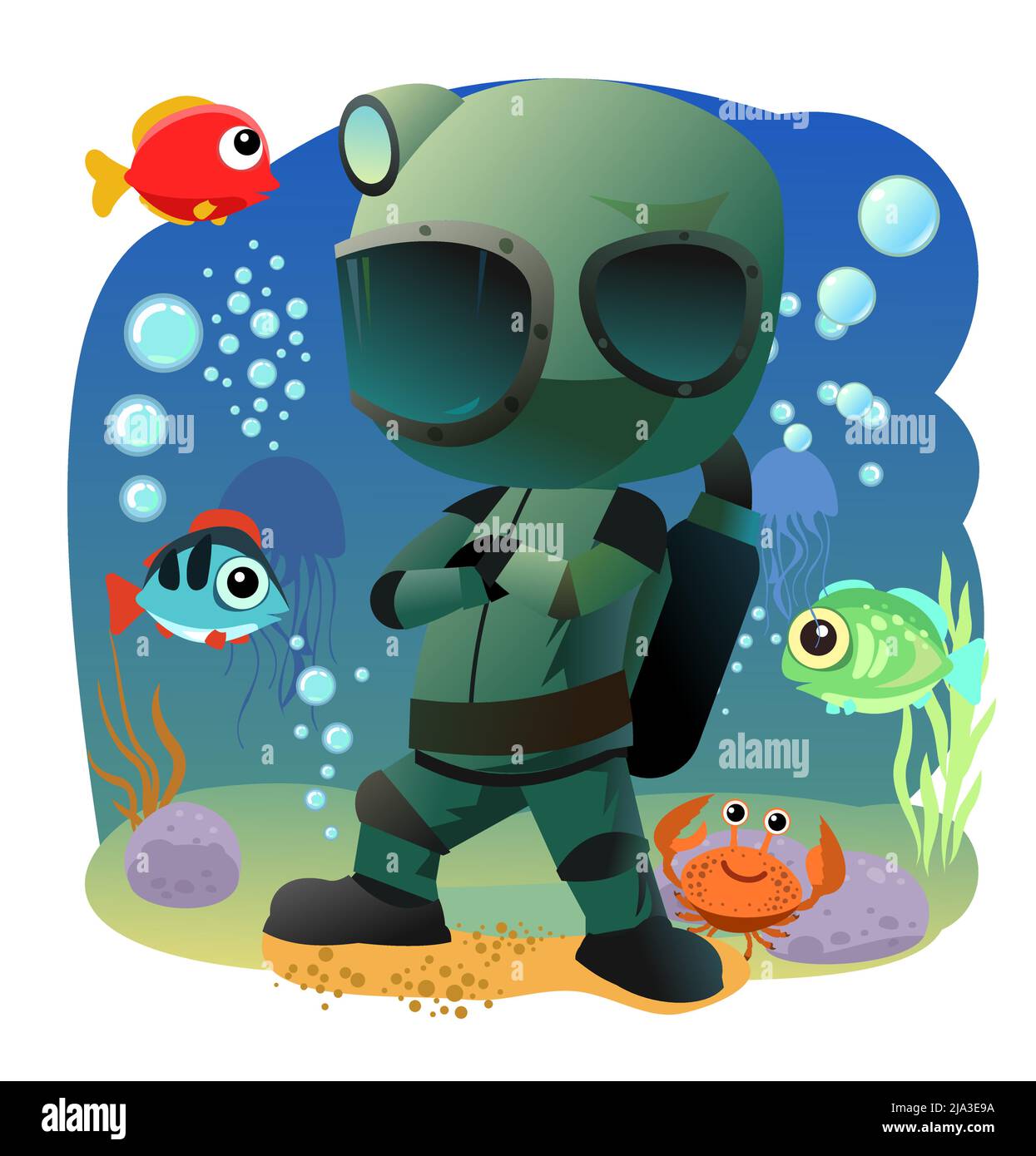 Diver in retro scuba gear record winner. With fish and crab. Guy in underwater suit bottom of pond. Funny cartoon style. Extreme sports. Person in lak Stock Vector