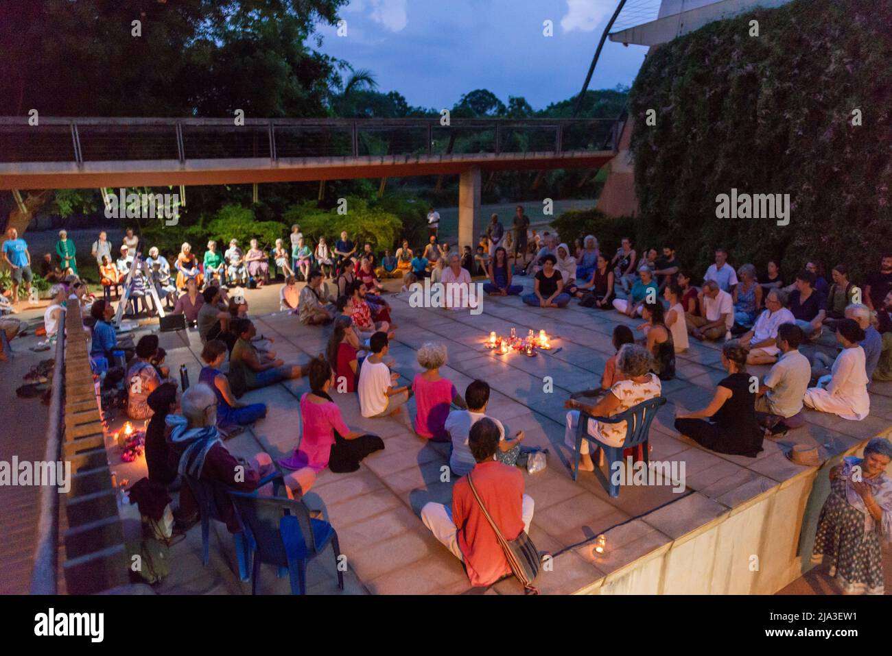 Auroville, India - 15th May 2022: The Spirit of Auroville. Collective meditation at Town Hall, after a period of disputes about the governance of the Stock Photo