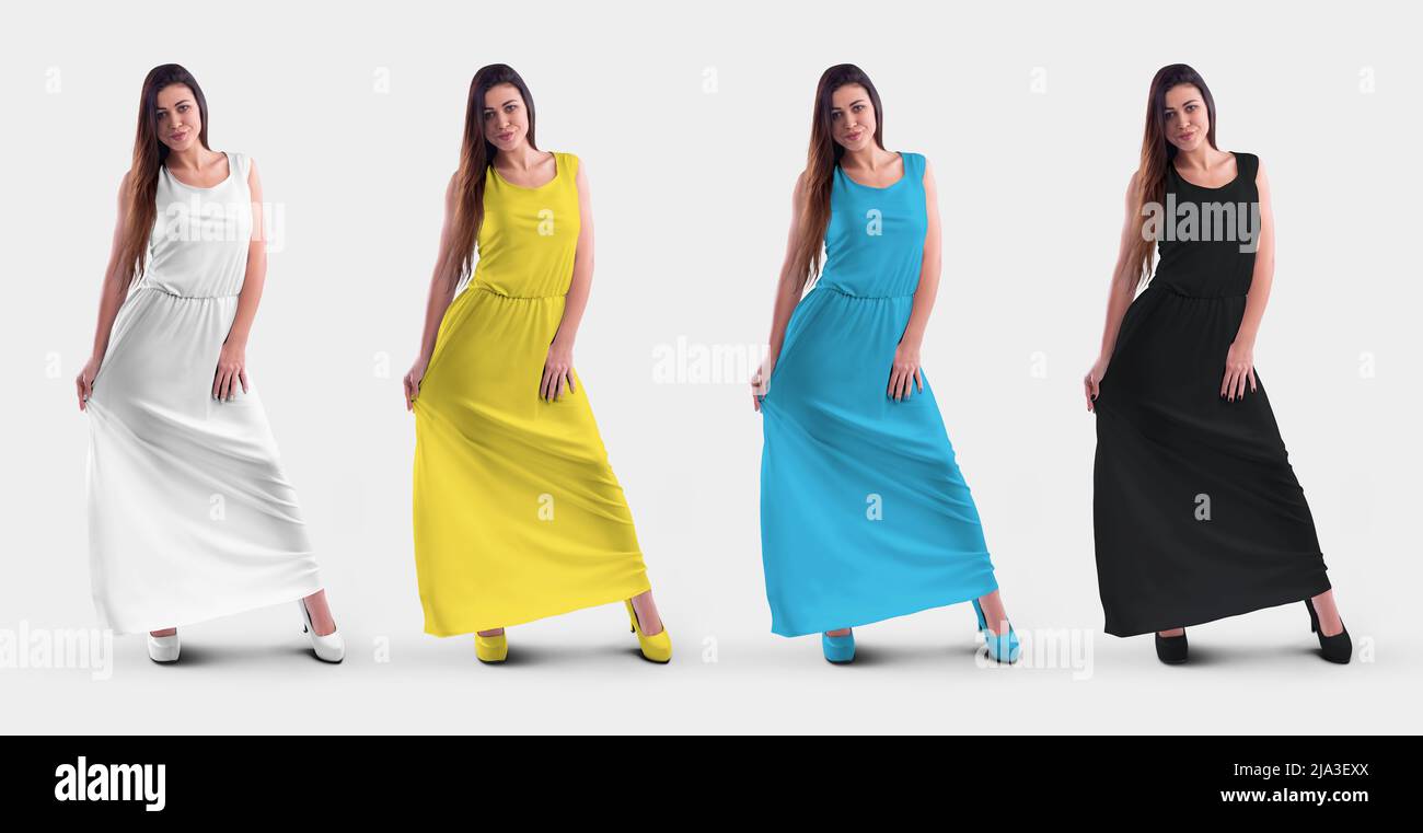 Mockup of a long female dress on a girl in heels, white, black, yellow, blue sundress, isolated on background, front view. Fashion clothes, sleeveless Stock Photo