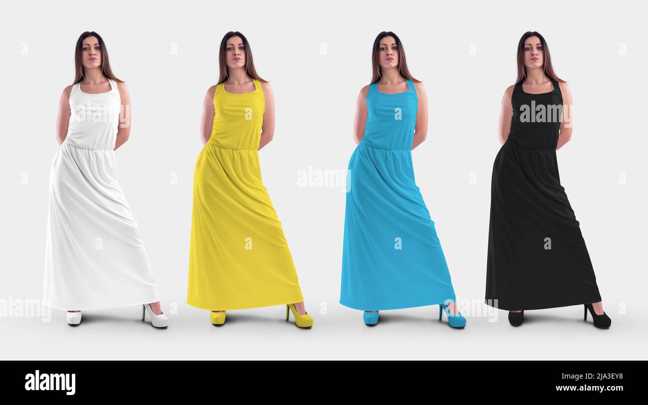 Mockup of a long female dress on a dark-haired girl in heels, white, black, yellow, blue sundress, for design, pattern, front view. Fashion clothes, i Stock Photo
