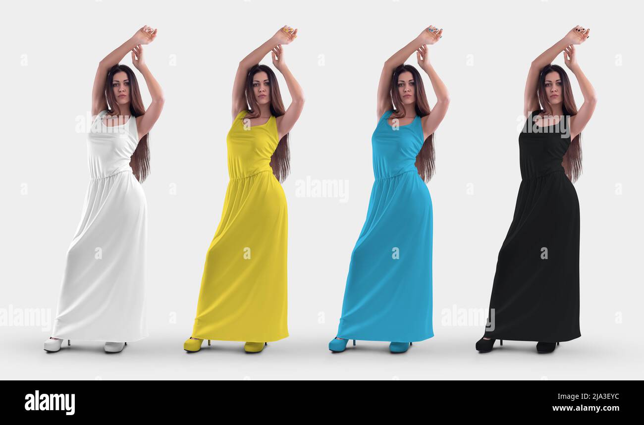 Mockup of a long female dress on a dark-haired posing girl in heels, white, black, yellow, blue sundress, for design, front view. Set of fashionable c Stock Photo