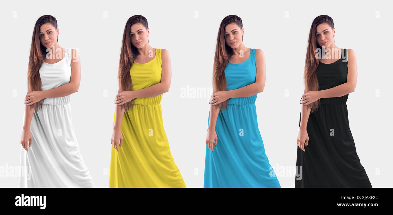 Long dress mockup on beautiful smiling girl, front, isolated on background. Template of a fashion sundress with wrinkles at the waist, white, black, y Stock Photo
