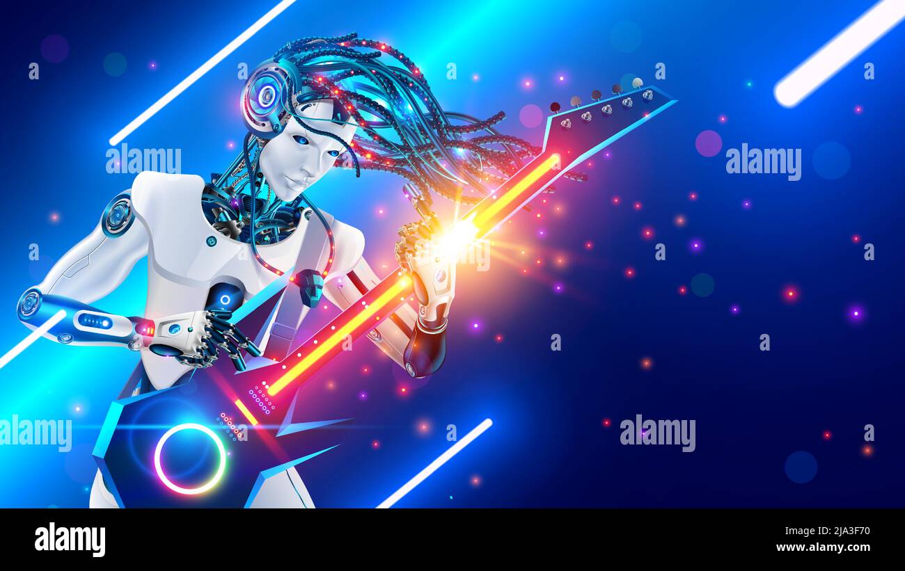Cool cyborg rock guitarist with bass electric guitar plays music on concert. Robot musician with AI composer music with help artificial intelligence Stock Vector