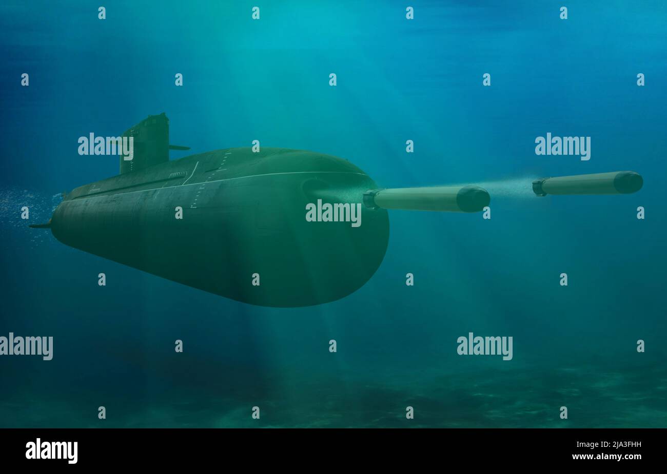 3D rendering submarine submerge underwater firing torpedoes in the open
