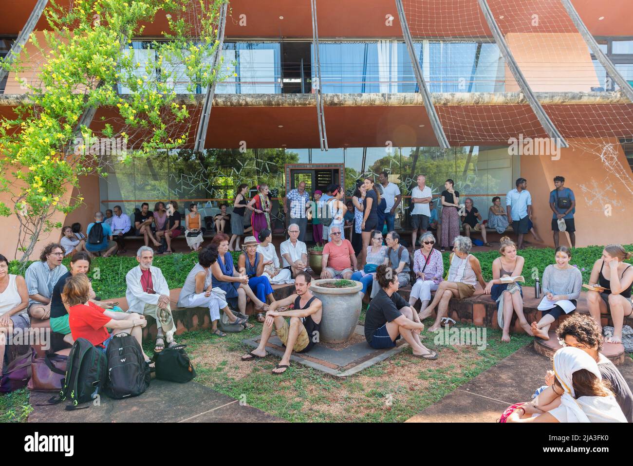 Auroville, India - 19th May 2022: Community gathering at the Town Hall to support the Working Committee, after the police request to hand over the key Stock Photo