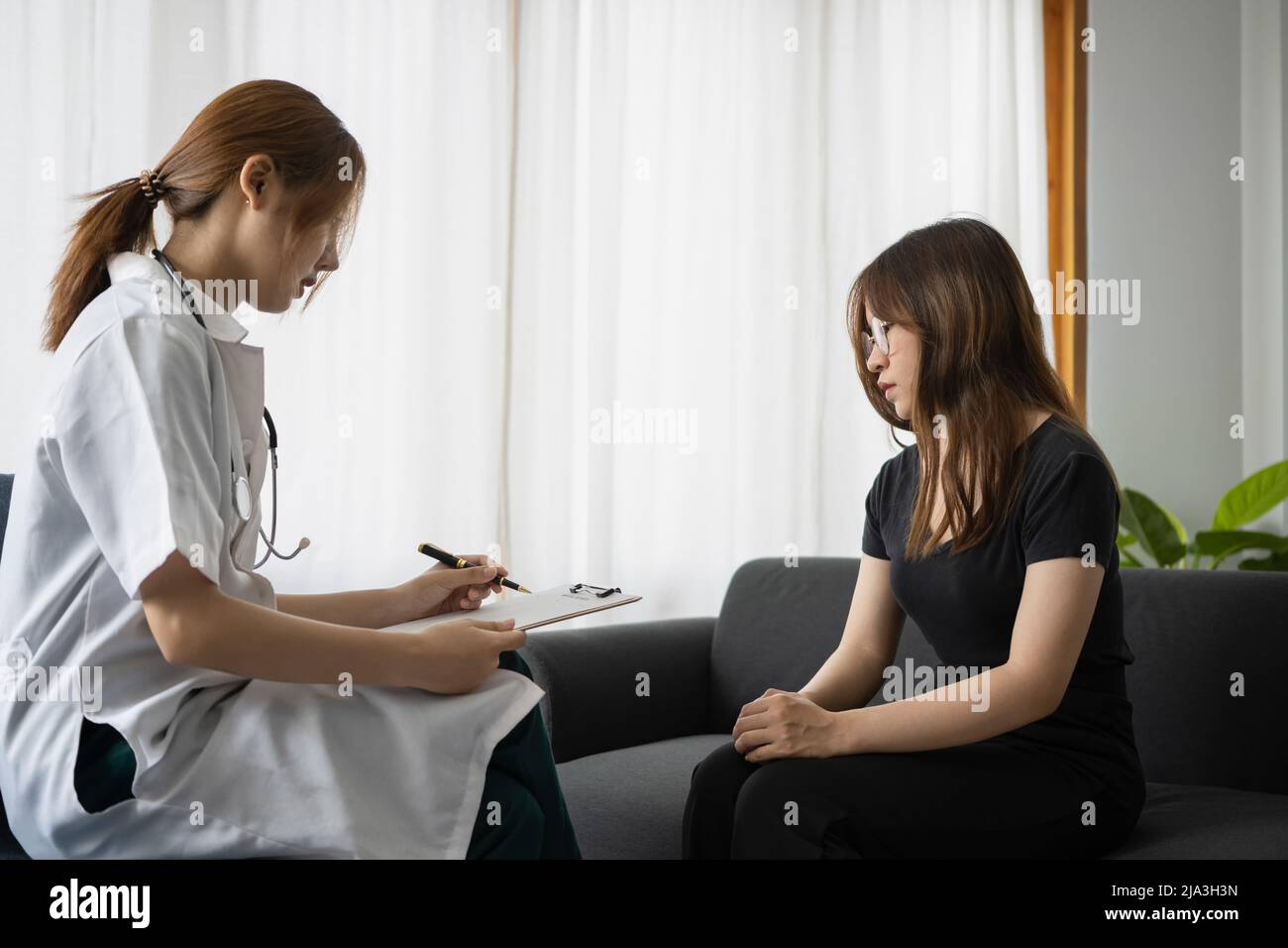 Professional psychologist explaining diagnosis to her female patient. Mental health and