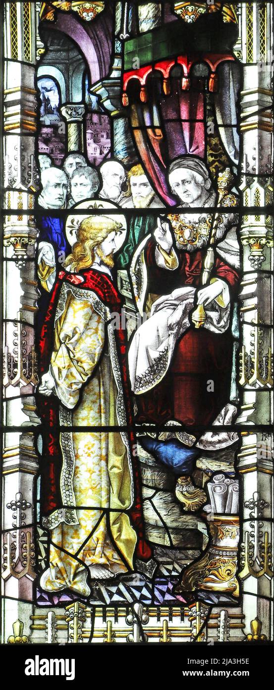 Stained glass window by Percy Bacon & Brothers depicting Christ before Pontius Pilate, St James Church, Hanslope, Buckinghamshire Stock Photo