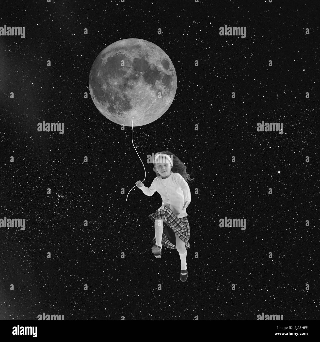 Contemporary art collage. Happy little girl running with air balloon isolated on dark starry background, outer space. Concept of dreams, aspiration Stock Photo