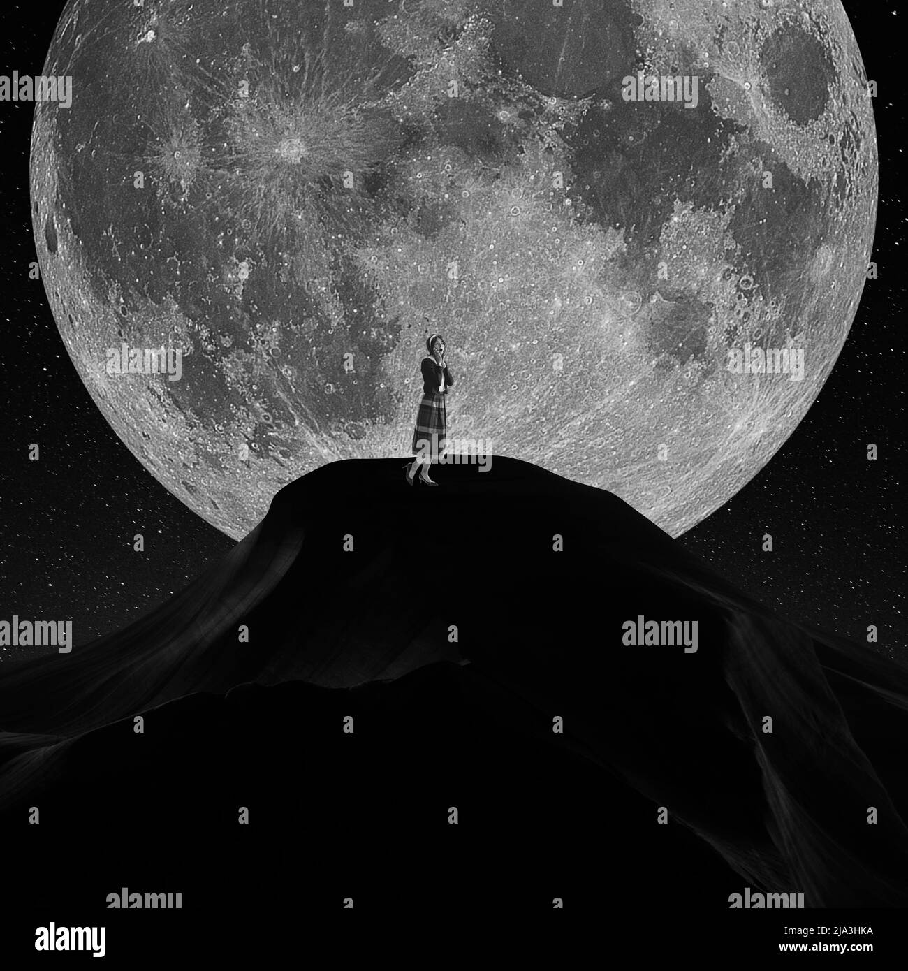 Contemporary art collage. Charming young woman standing on rock at night isolated on unknown planet background. Monochrome. Stock Photo