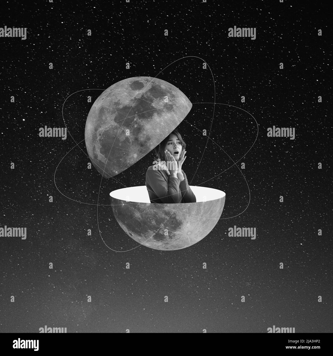 Contemporary art collage. Shocked young woman sticks out from split planet isolated on dark starry background. Monochrome. Minimalism Stock Photo