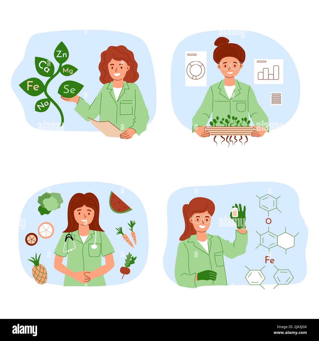 Nutritionist concepts set. Diet plan and individual nutrition program, food coach with vegetables fruits and microgreen, consultant doctor with graphs microelements formulas flat vector illustration Stock Vector