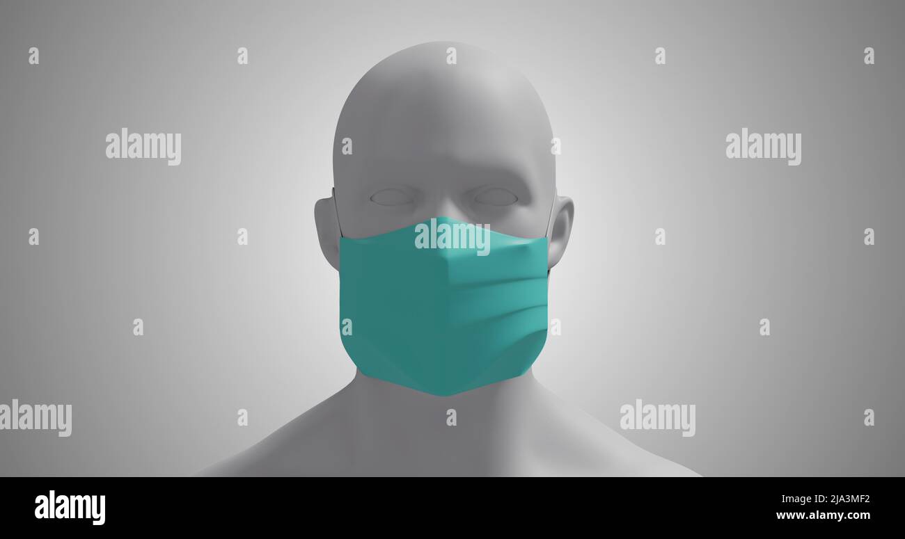Image of a 3D human body model wearing a face mask on white background ...