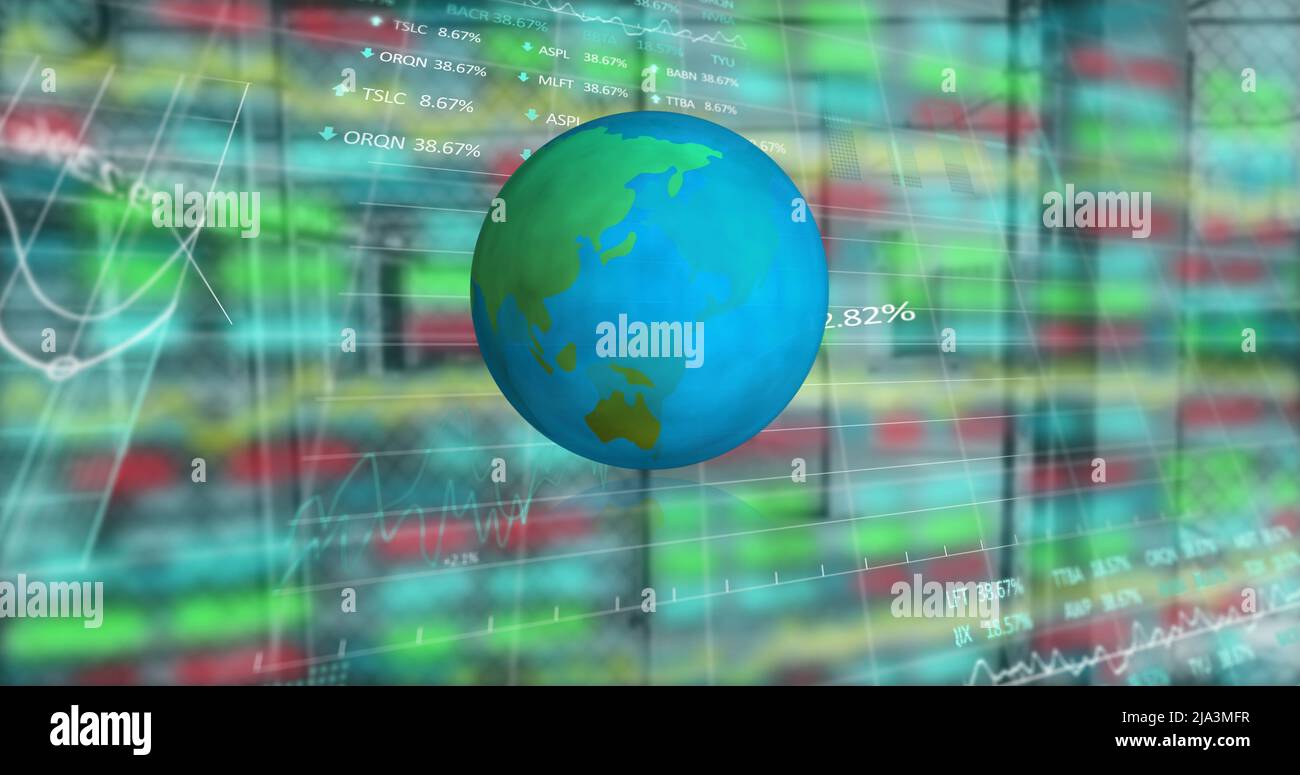 Image of data processing and rotating globe over colourful graphs Stock Photo