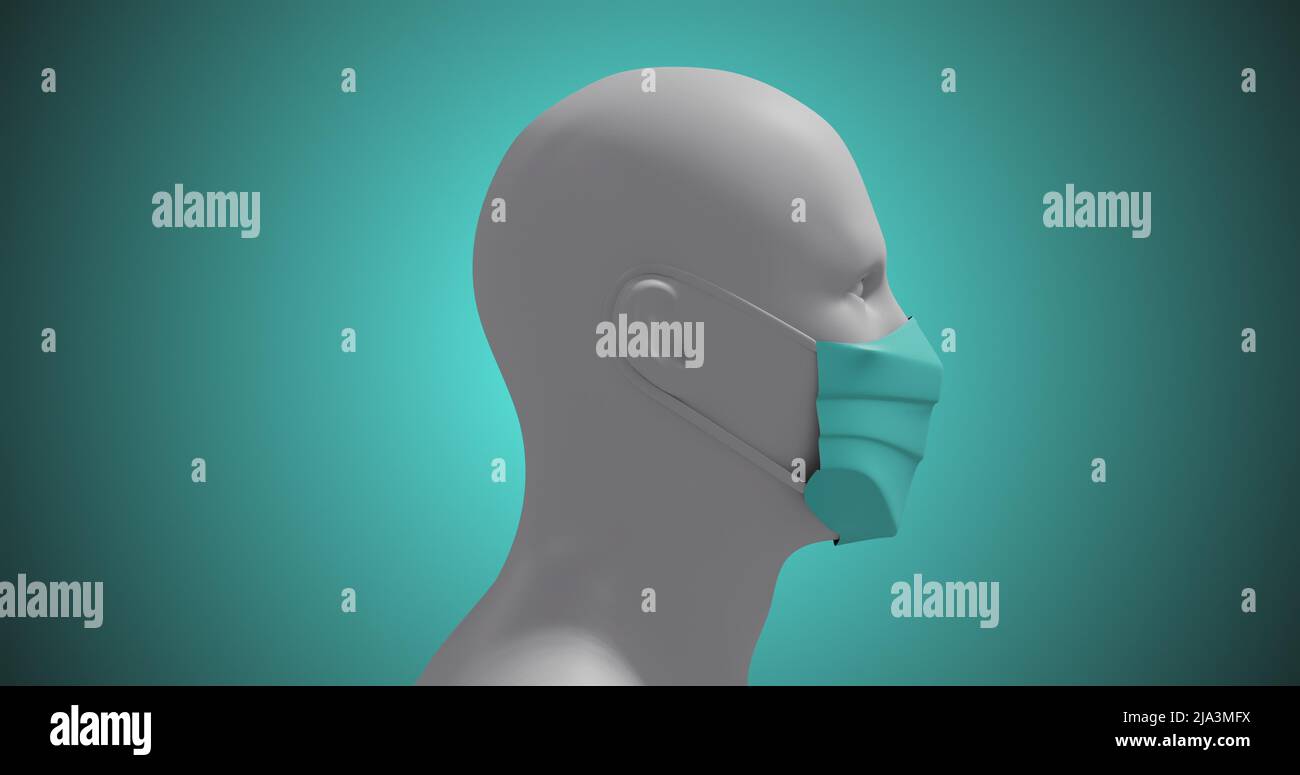 Image of a 3D human body model wearing a face mask on blue background ...