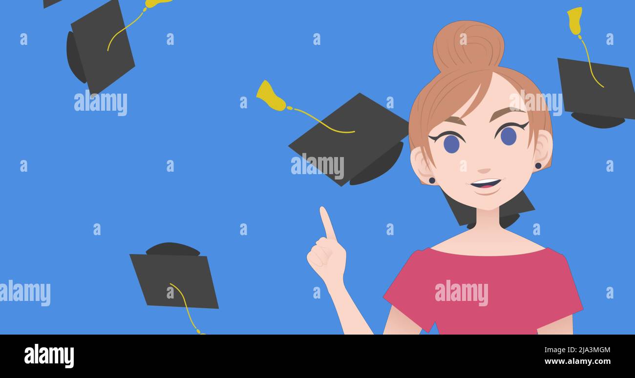 Image of woman talking over graduate caps Stock Photo