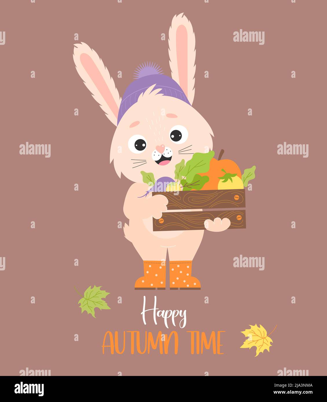Cute rabbit in rubber boots with box of autumn vegetables. Vector  illustration. Autumn card with funny bunny character farmer and inscription  - Happy Stock Vector Image & Art - Alamy