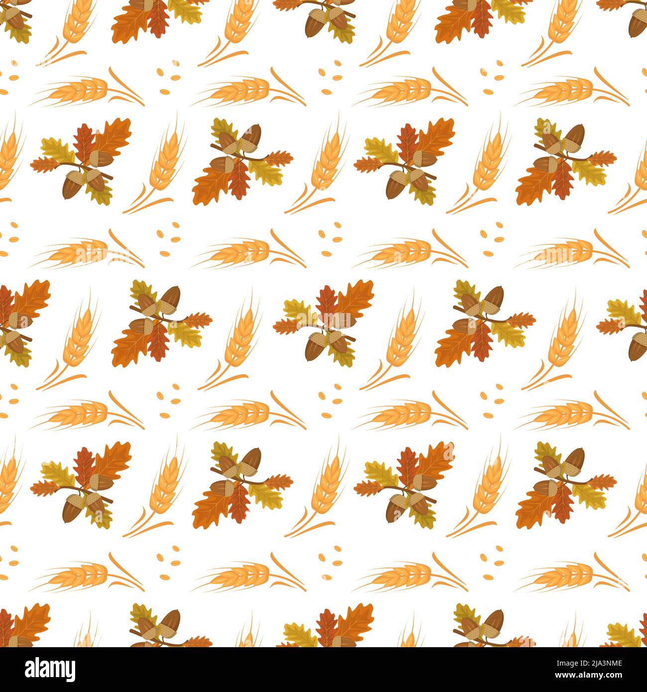 Seamless autumn pattern with acorns, oak leaves and ears of wheat on ...