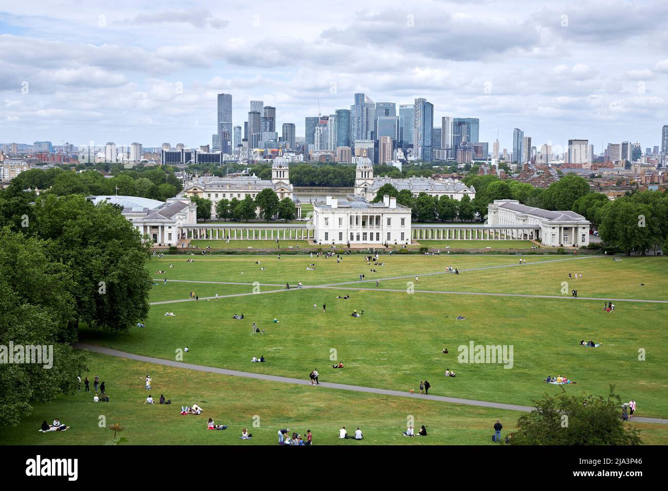National Maritime Museum and Queens' House viewed from Greenwich Park, London. Stock Photo