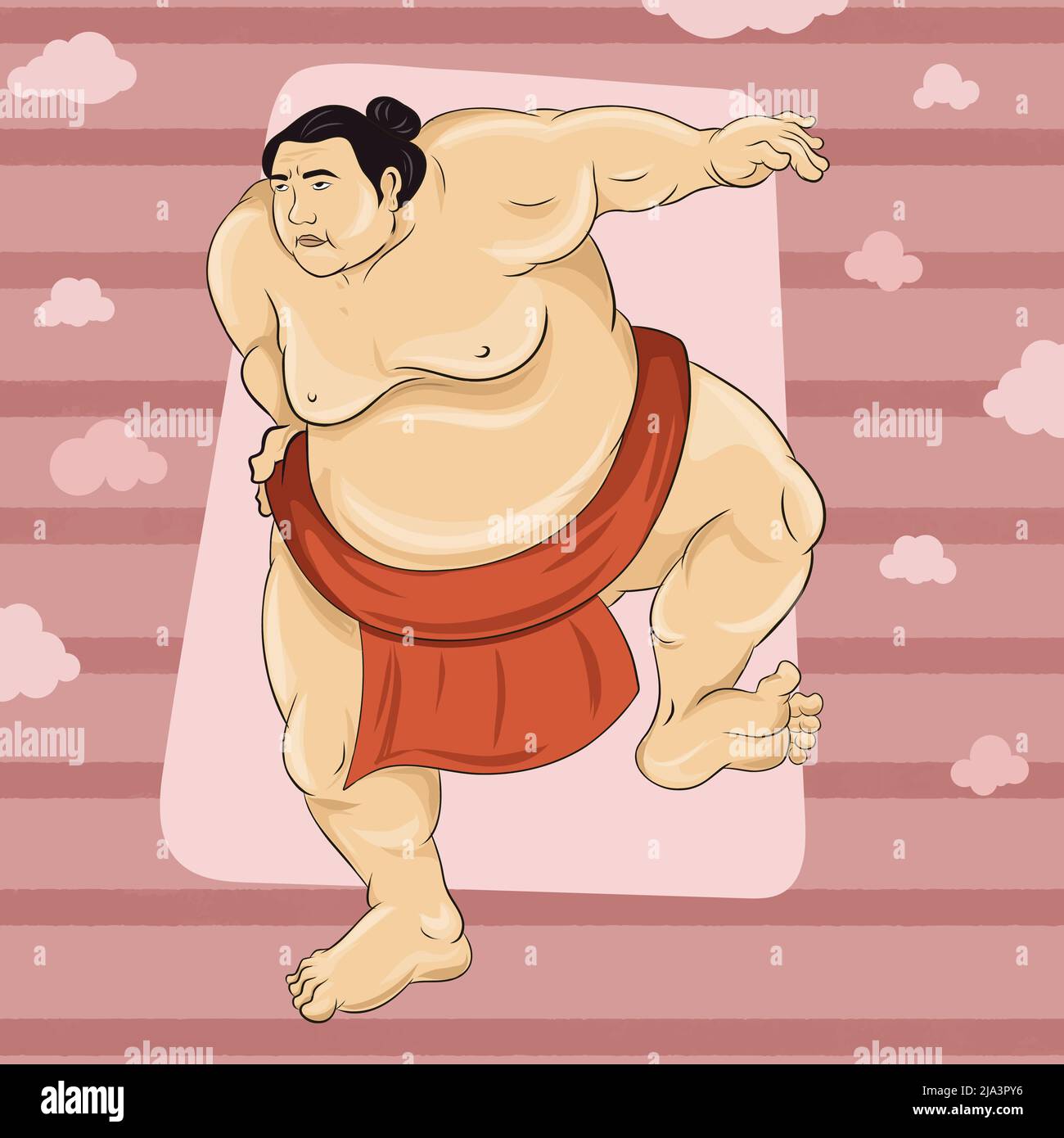 Sumo Wrestler standing in an aggressive stance with one leg up. Big Tall Huge Angry Man. Japanese Sport. Stock Vector