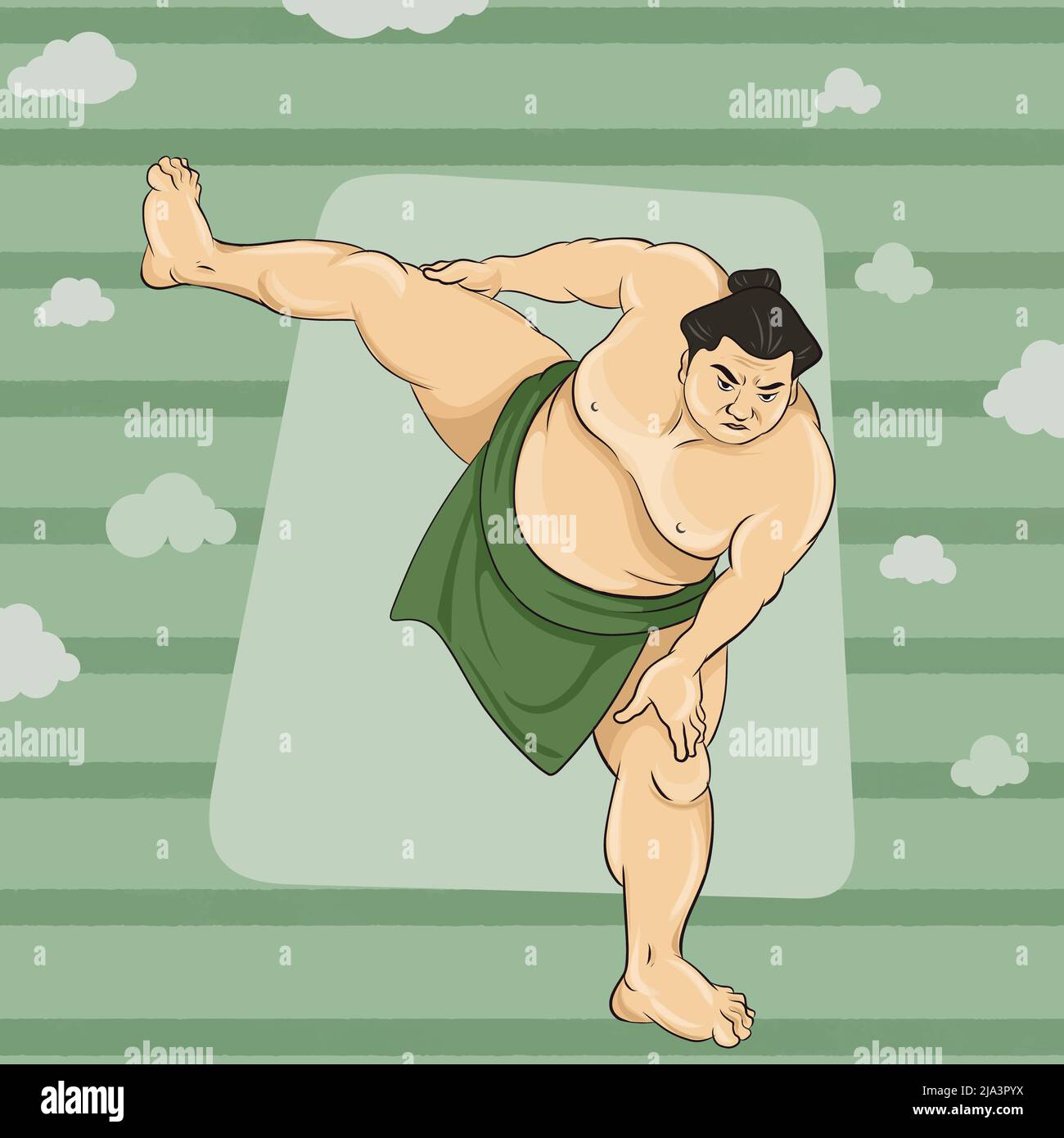 Sumo Wrestler standing in an aggressive stance with one leg up. Big Tall Huge Angry Man. Japanese Sport. Stock Vector