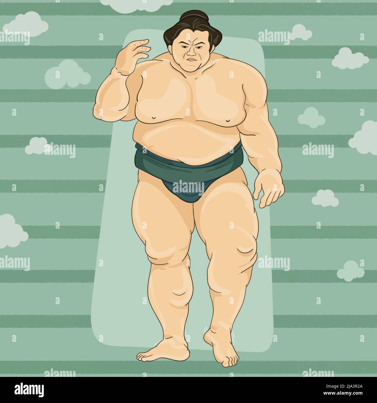 Sumo Wrestler standing and challenging opponent. Big Tall Huge Angry Man. Japanese Sport. Stock Vector