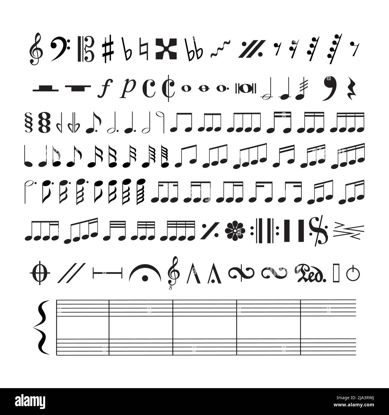 Vector iilustration of all music notes and symbols isolated on white background. . Vector illustration Stock Vector