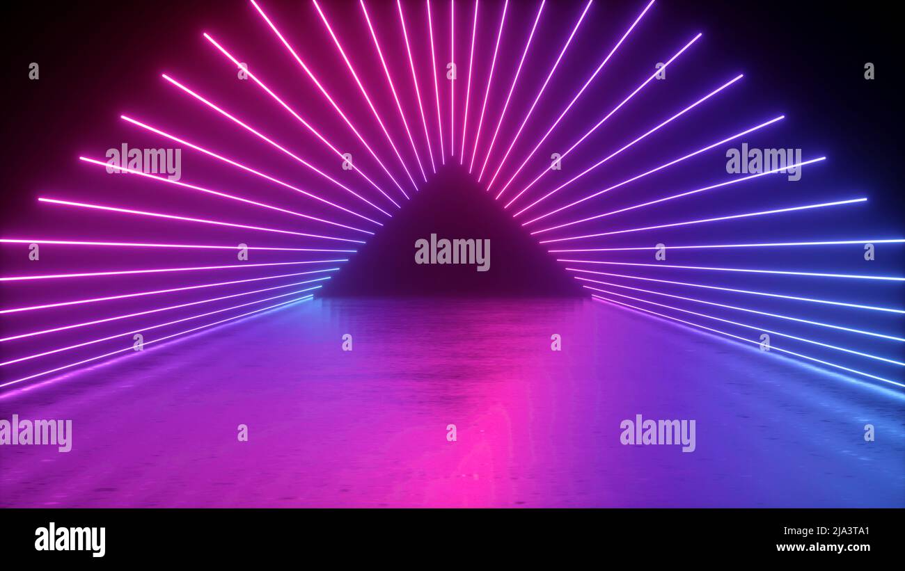 3d rendering, abstract neon background, empty triangular tunnel with pink violet glowing lines, long corridor, path, road, performance stage, Stock Photo
