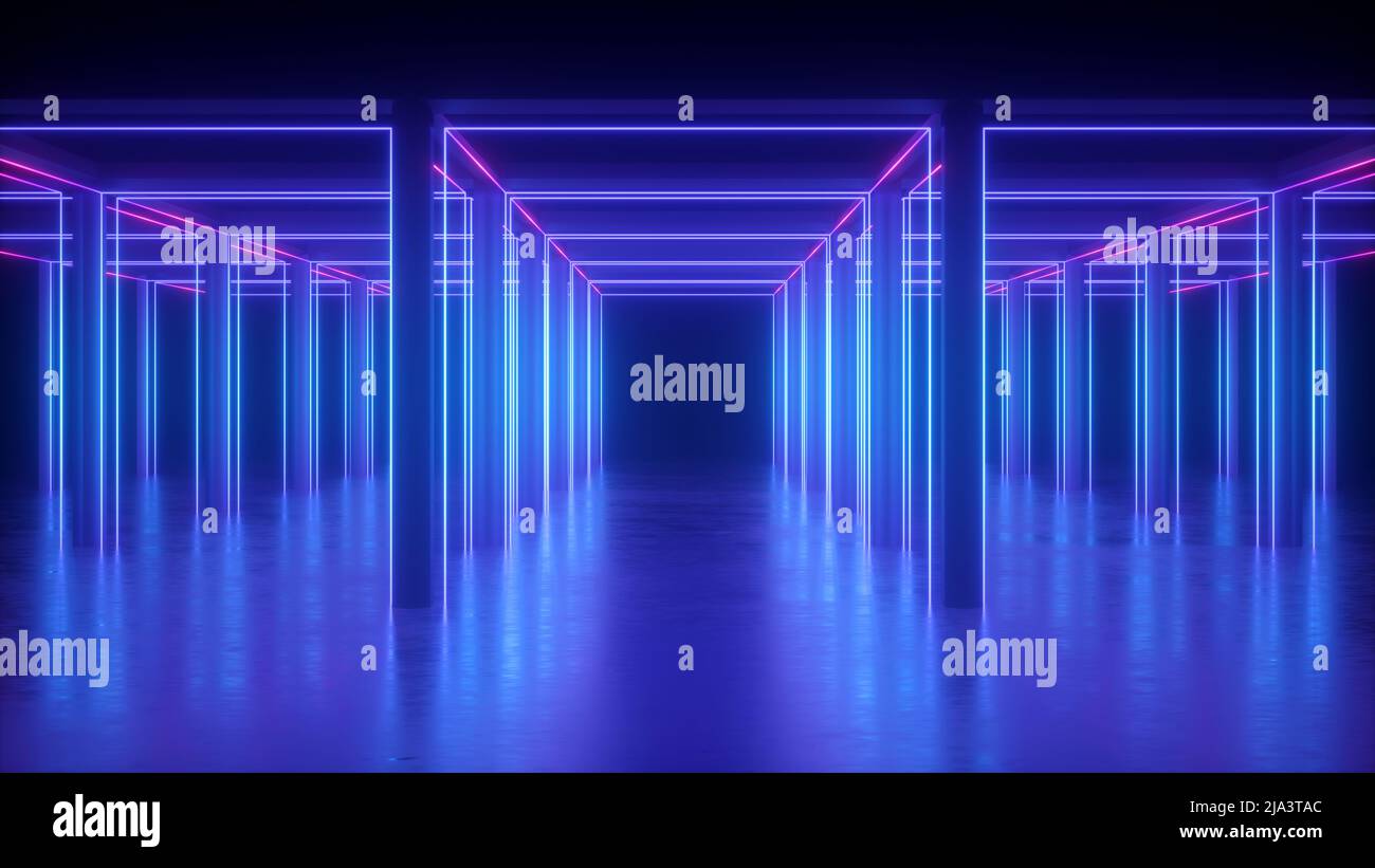 3d render, abstract blue neon geometric background, cubic shape, lines glowing in ultraviolet light, long tunnel, empty corridor, square box construct Stock Photo