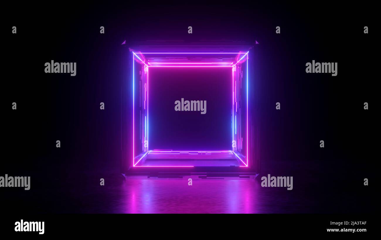 3d render, abstract neon background, square shape box, blank frame, pink glowing lines isolated on black, ultraviolet light Stock Photo