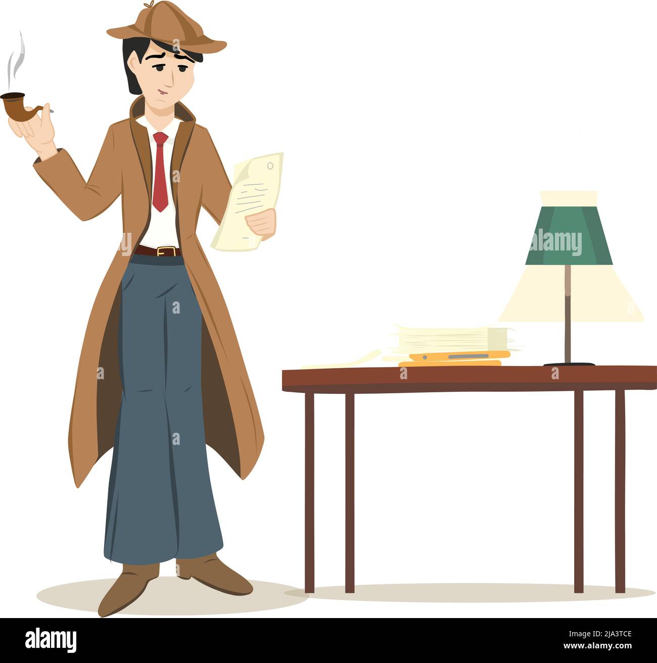 Detective Character Reading case reports while smoking pipe standing next to a table full of paperwork and a table lamp. Stock Vector