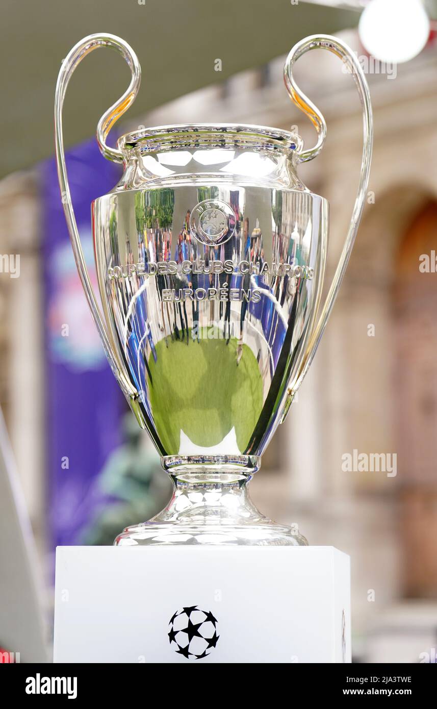A general view of the UEFA Champions League trophy at the Trophy Experience at The Place de l'Hotel de Ville in Paris ahead of Saturday's UEFA Champions League Final at the Stade de France, Paris. Picture date: Friday May 27, 2022. Stock Photo