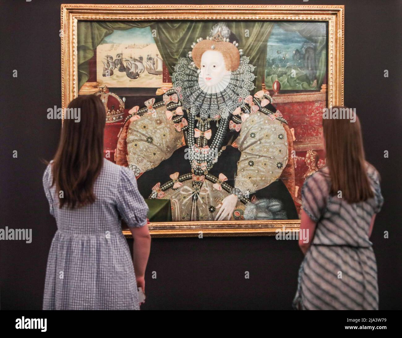 London, UK. 27th May, 2022. Showcasing of Royal Portraits & Manuscripts from Across the Land. Led by Iconic Armada Portrait of Queen Elizabeth I on Loan from The Woburn Abbey Collection & Warhol Painting of Queen Elizabeth II.Paul Quezada-Neiman/Alamy Live News Credit: Paul Quezada-Neiman/Alamy Live News Stock Photo