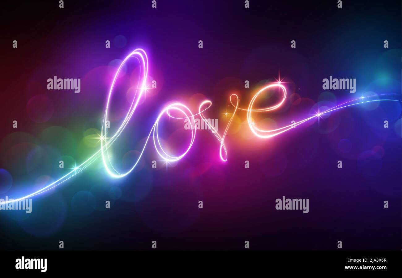 multicolor neon light, love lettering. Glowing single line art