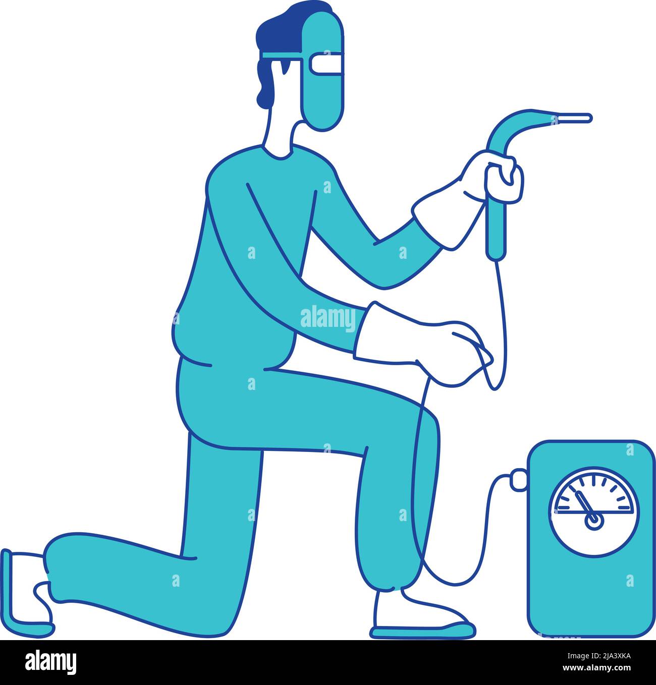 Man with equipment semi flat color vector character Stock Vector