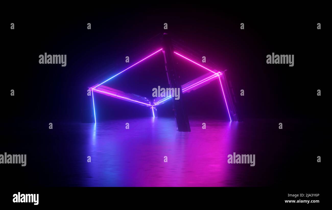 3d render, abstract neon cube over black background, square shape, pink blue glowing lines, ultraviolet light Stock Photo