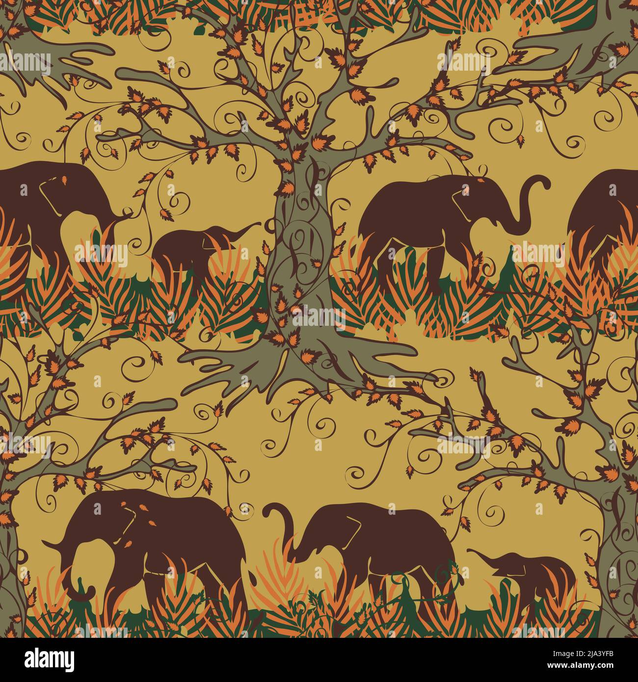 Seamless vector pattern with elephant silhouettes on beige background. African animal landscape wallpaper design. Tropical forest fashion textile. Stock Vector
