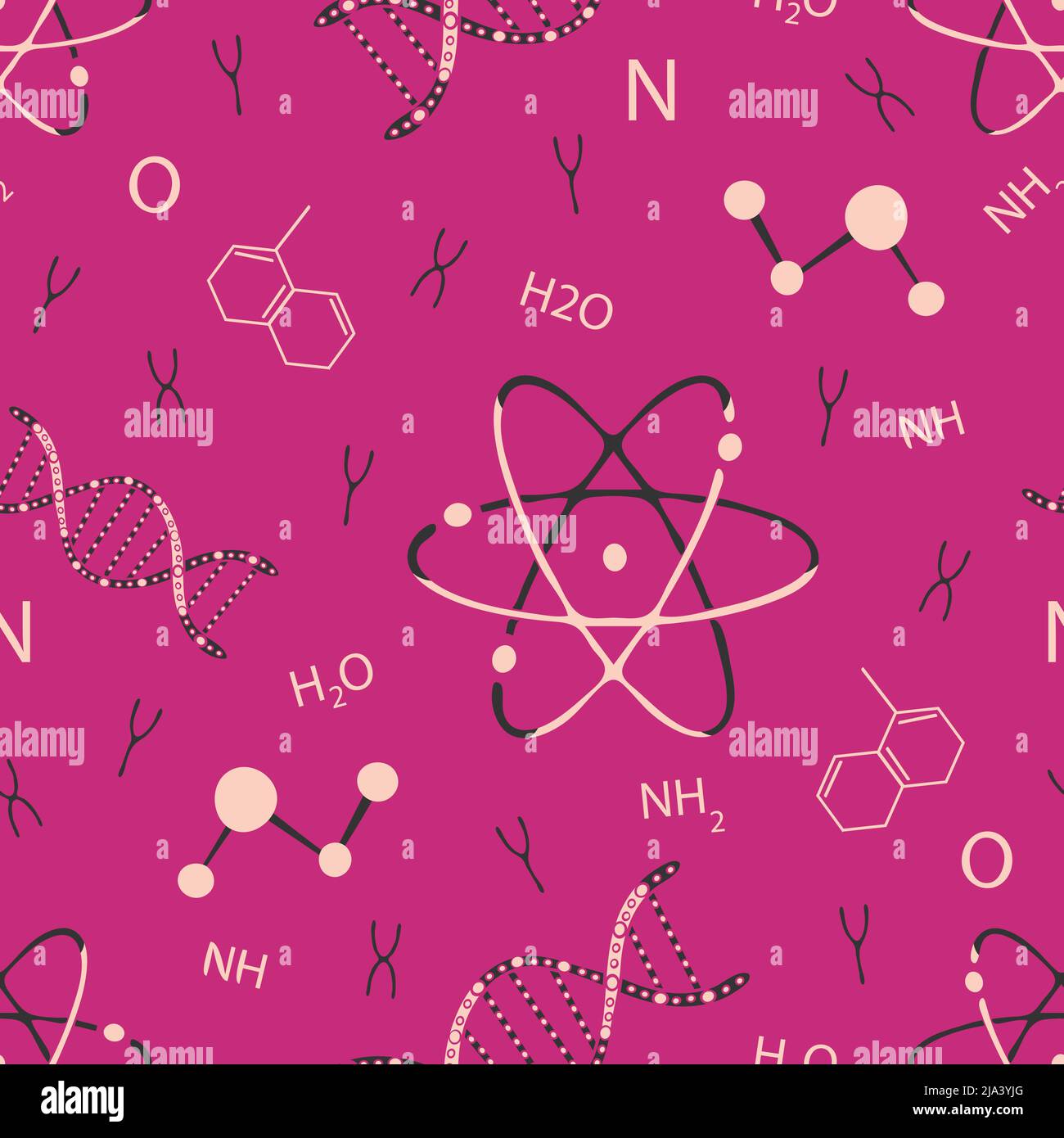 Seamless vector pattern with DNA and atoms on pink background. Simple science wallpaper design. Chemistry fashion textile. Stock Vector