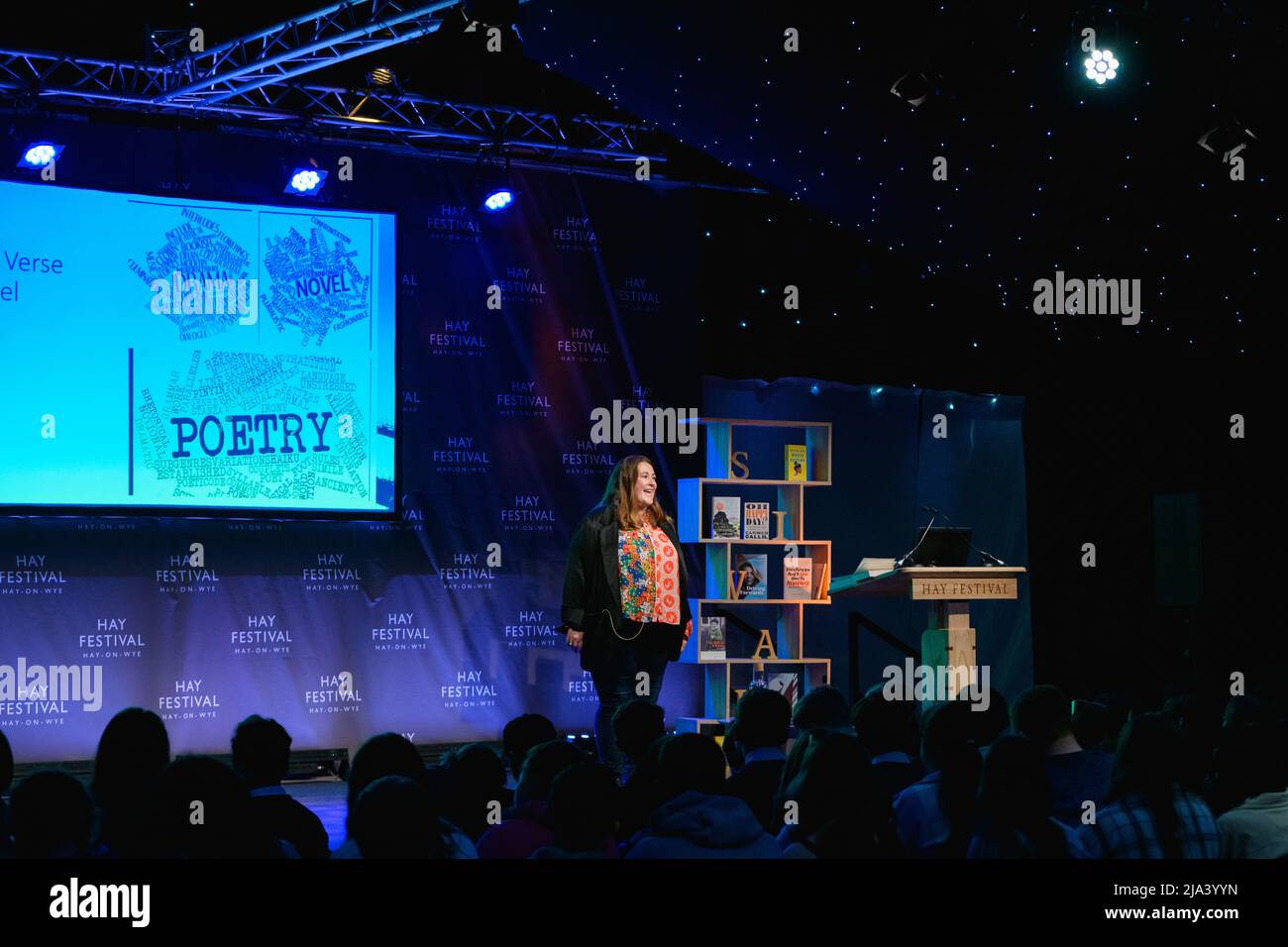 Hay-on-Wye, Wales, UK. 27th May, 2022. Louisa Reid discusses WRECKED/GLOVES OFF at Hay Festival 2022 Programme for Schools in Wales. Credit: Sam Hardwick/Alamy. Stock Photo