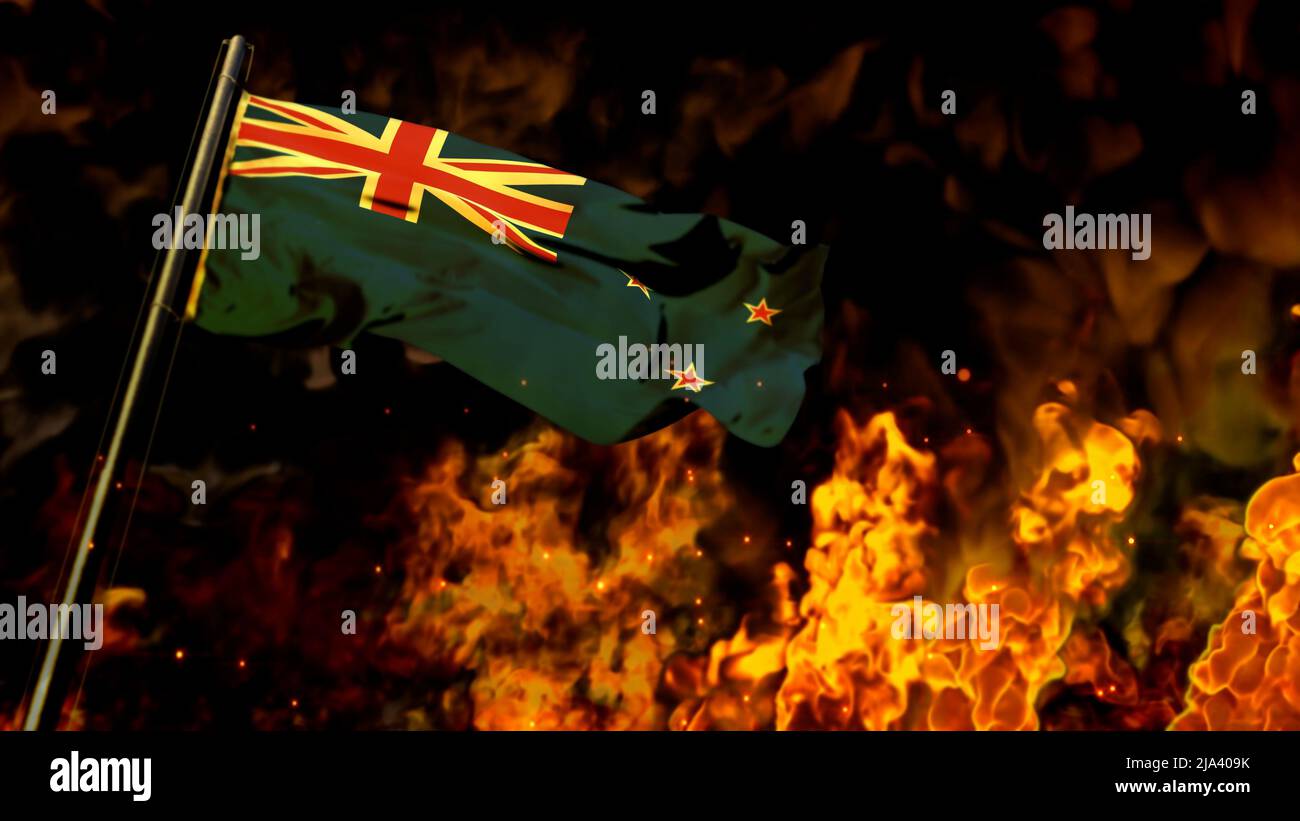 flag of New Zealand on burning fire backdrop hard times concept abstract 3D rendering Stock