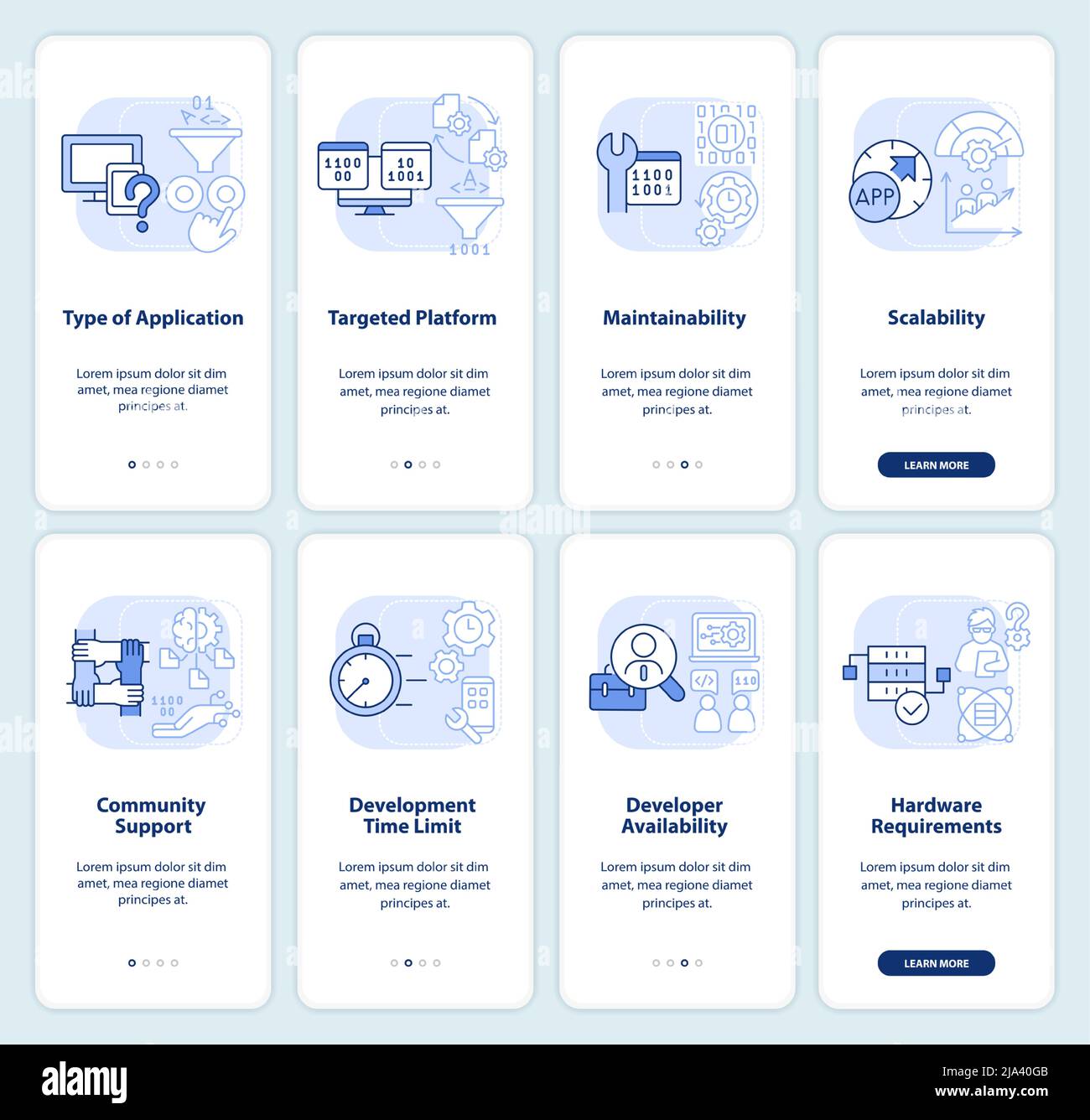 Programming language choice light blue onboarding mobile app screen set ...