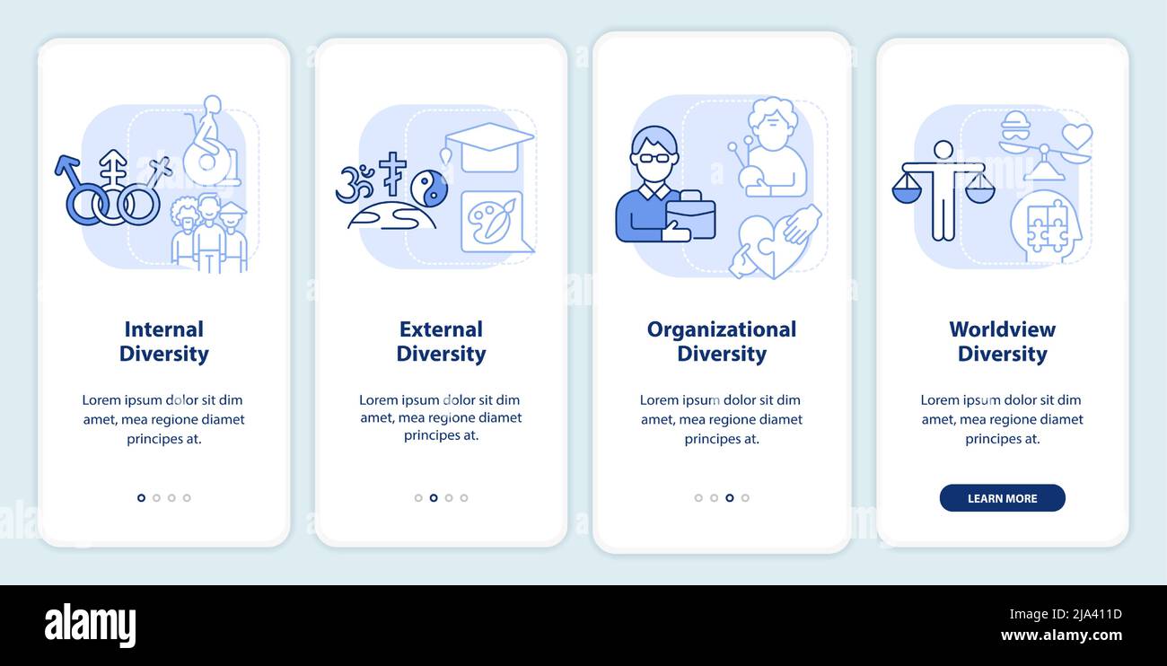 Workplace diversity light blue onboarding mobile app screen Stock ...