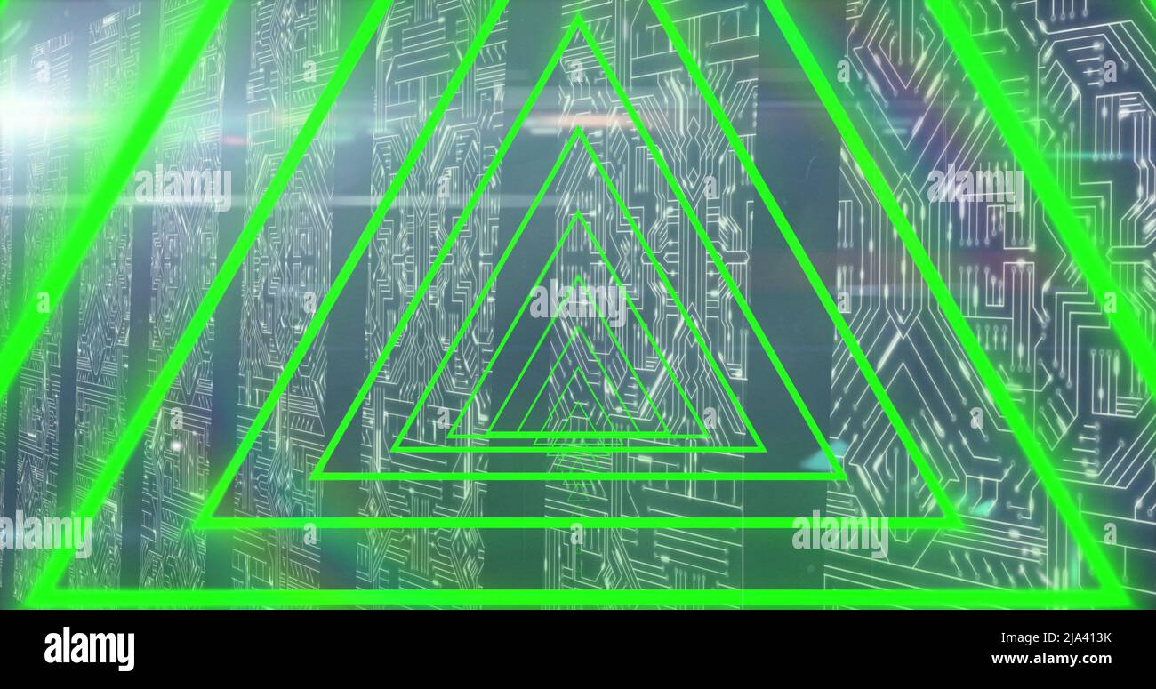 Image of green neon geometrical shapes over data processing Stock Photo ...