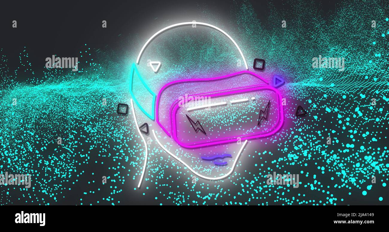 Image of neon head model with vr headset on black background Stock Photo