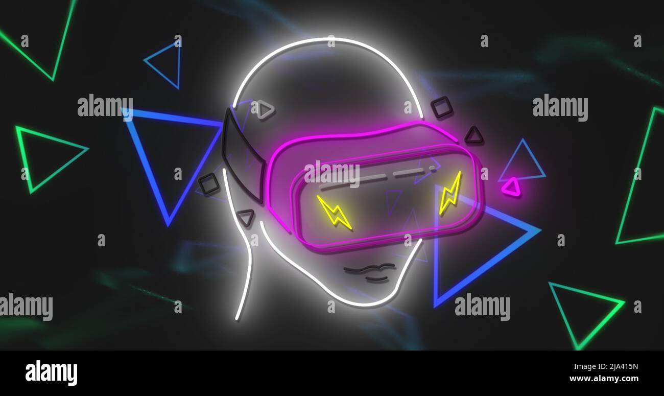 Image of neon triangles and head model in vr headset on black background Stock Photo