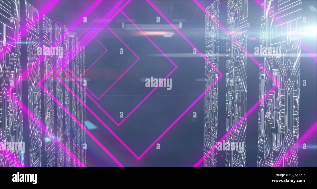 Image of pink neon geometrical shapes over data processing Stock Photo ...