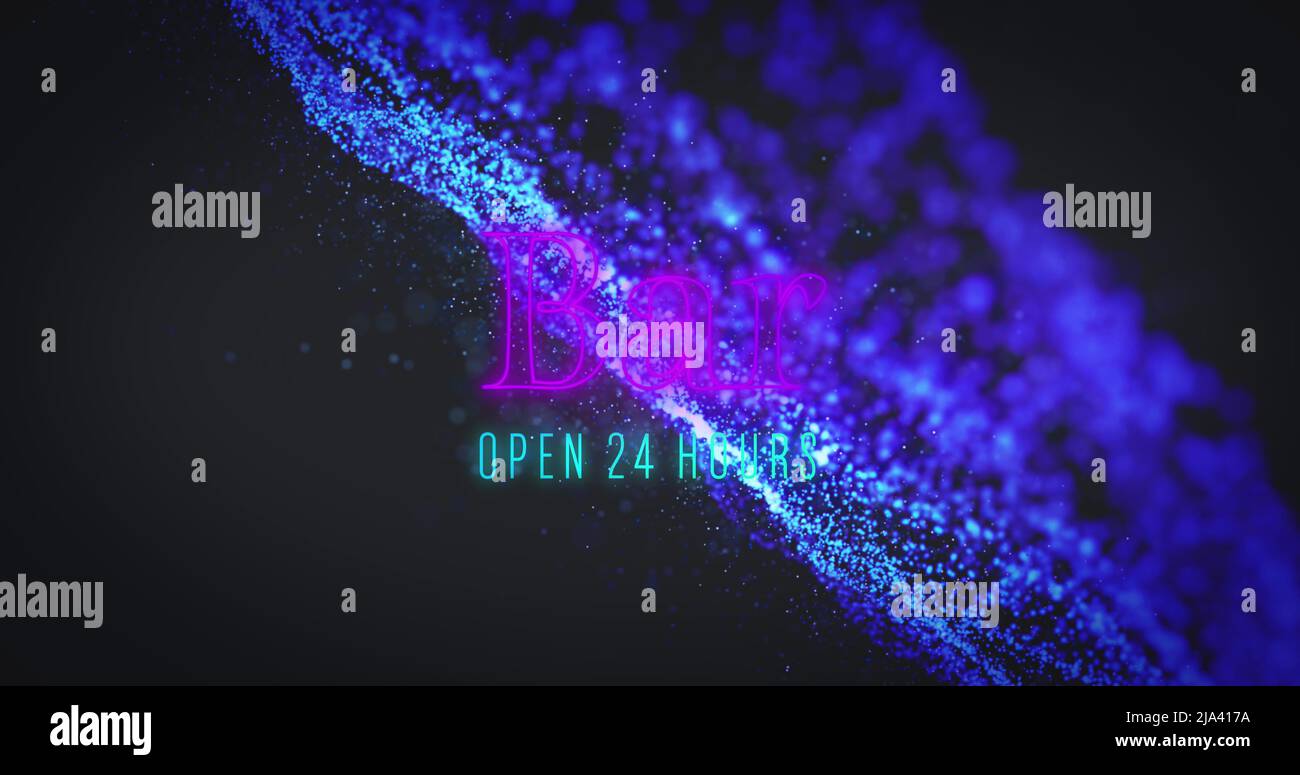 Image of bar open 24 hours and blue glitter on black background Stock