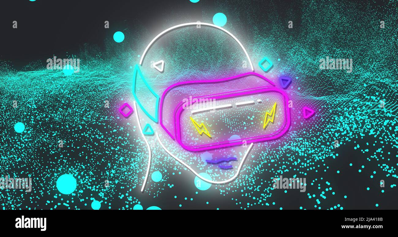 Image of neon head model with vr headset on black background Stock Photo