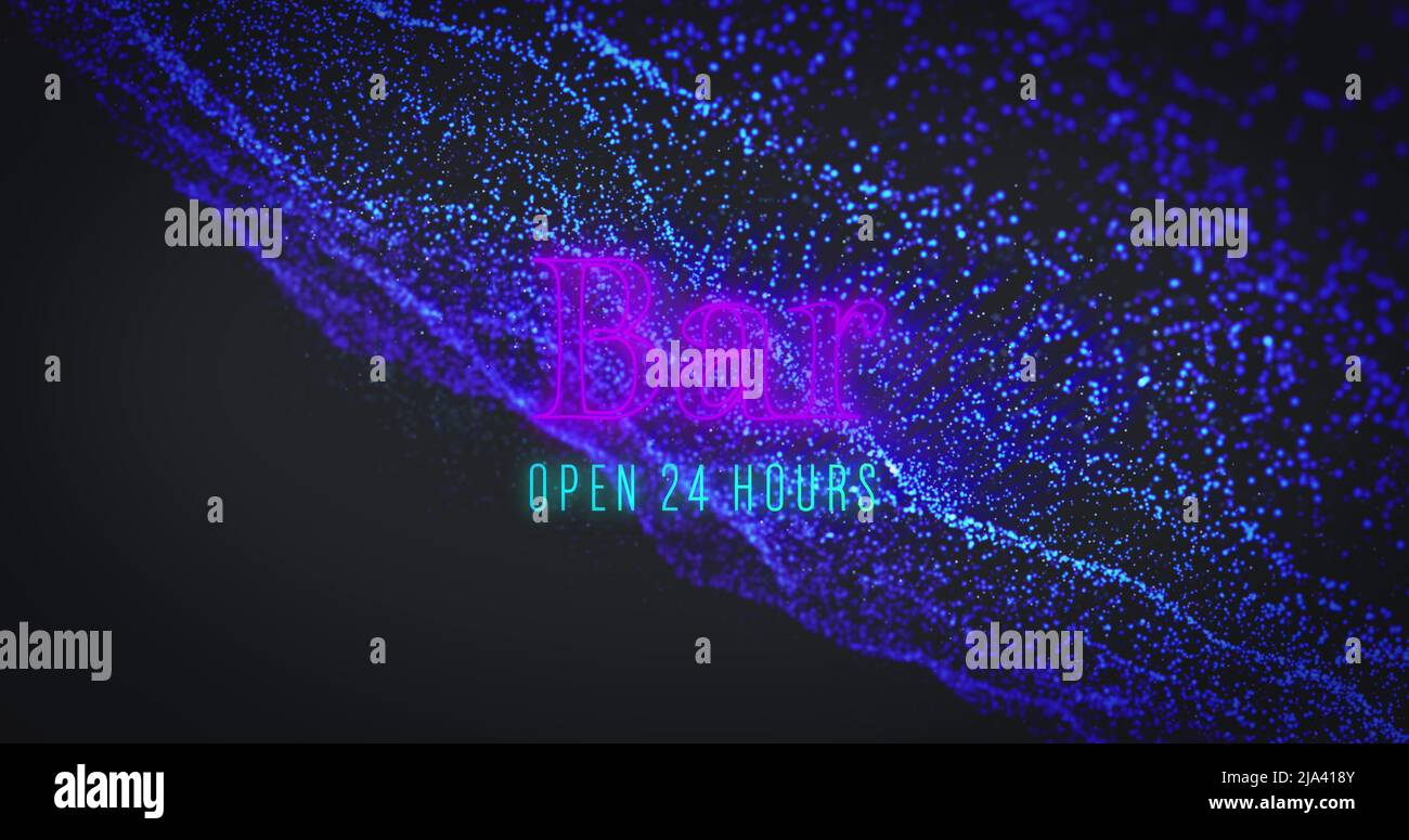 Image of bar open 24 hours and blue glitter on black background Stock