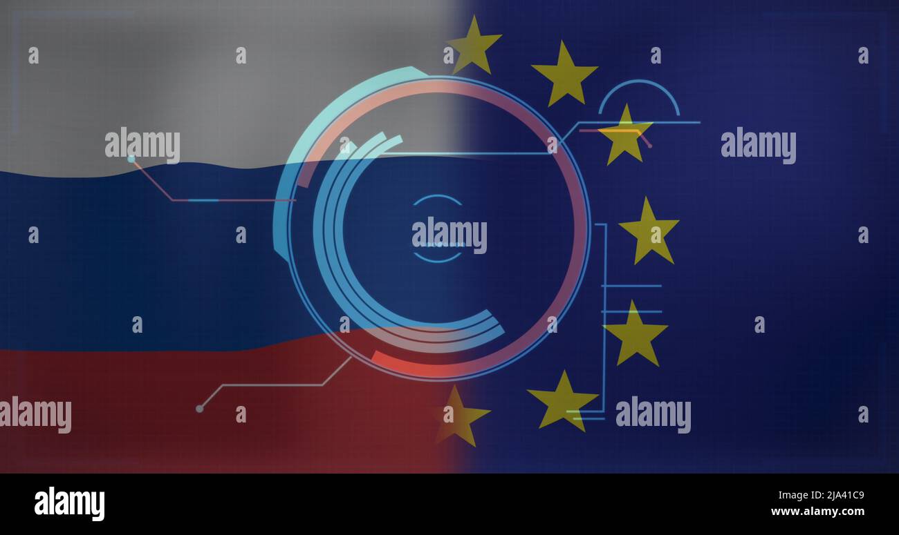 Image of scope scanning over flag of russia and eu Stock Photo